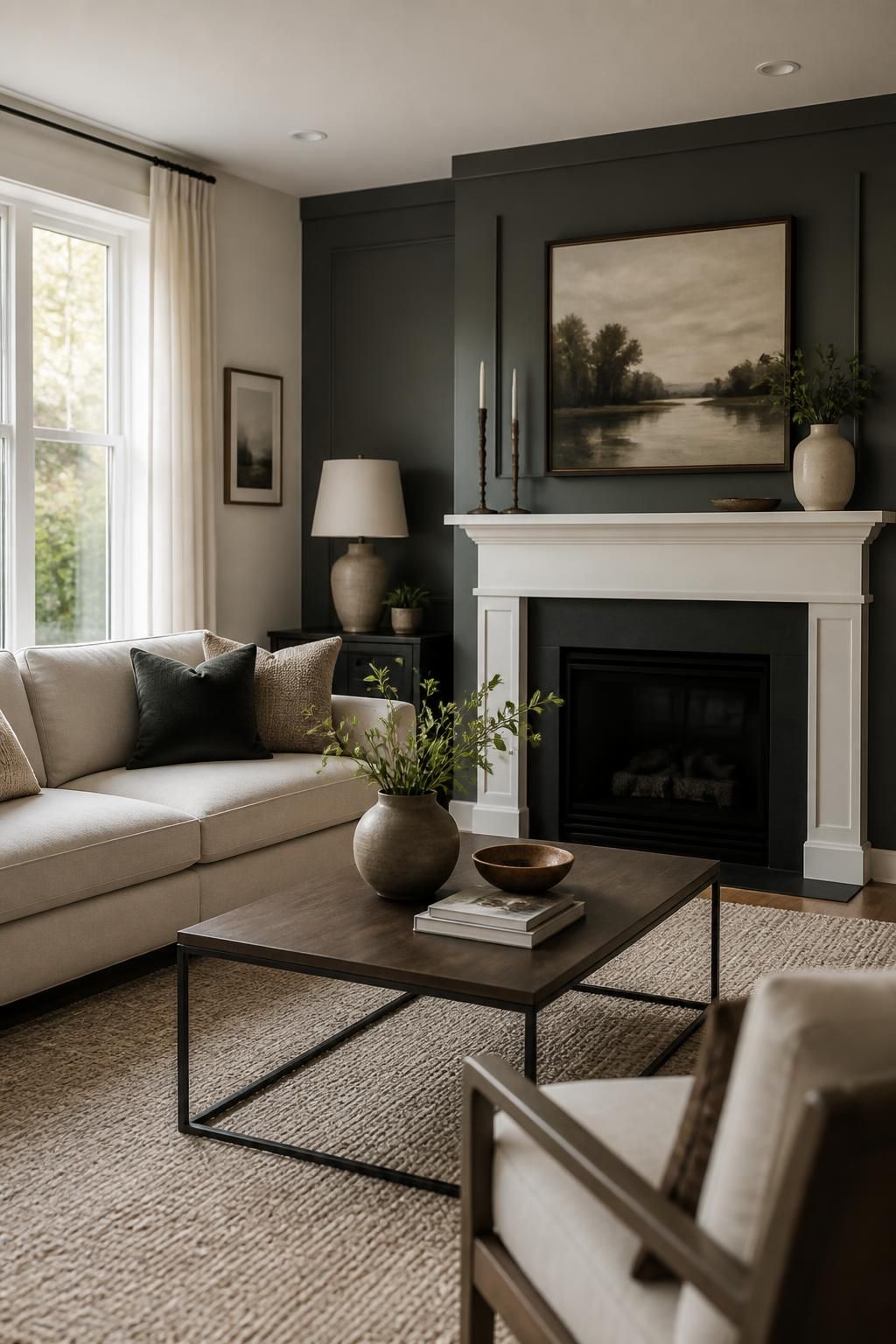 Inviting living room with a refined accent wall and clean finish work.