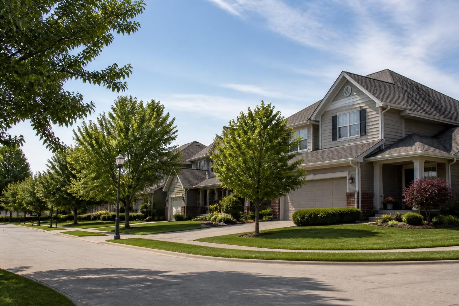 Welcoming suburban neighborhood with well-kept homes and mature trees.