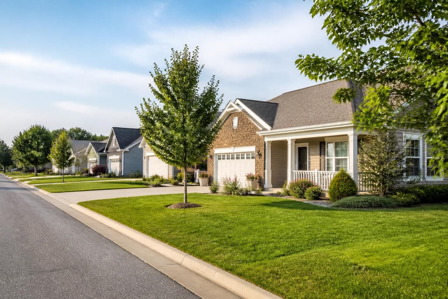 Neat homes and well-kept lawns in a suburban neighborhood.