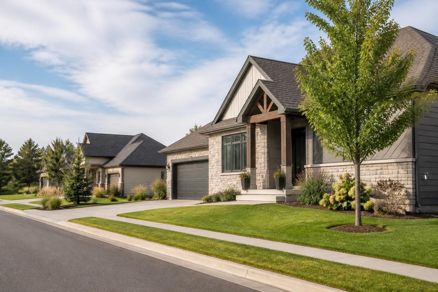 Landscaped front yards and clean modern homes on a suburban street.