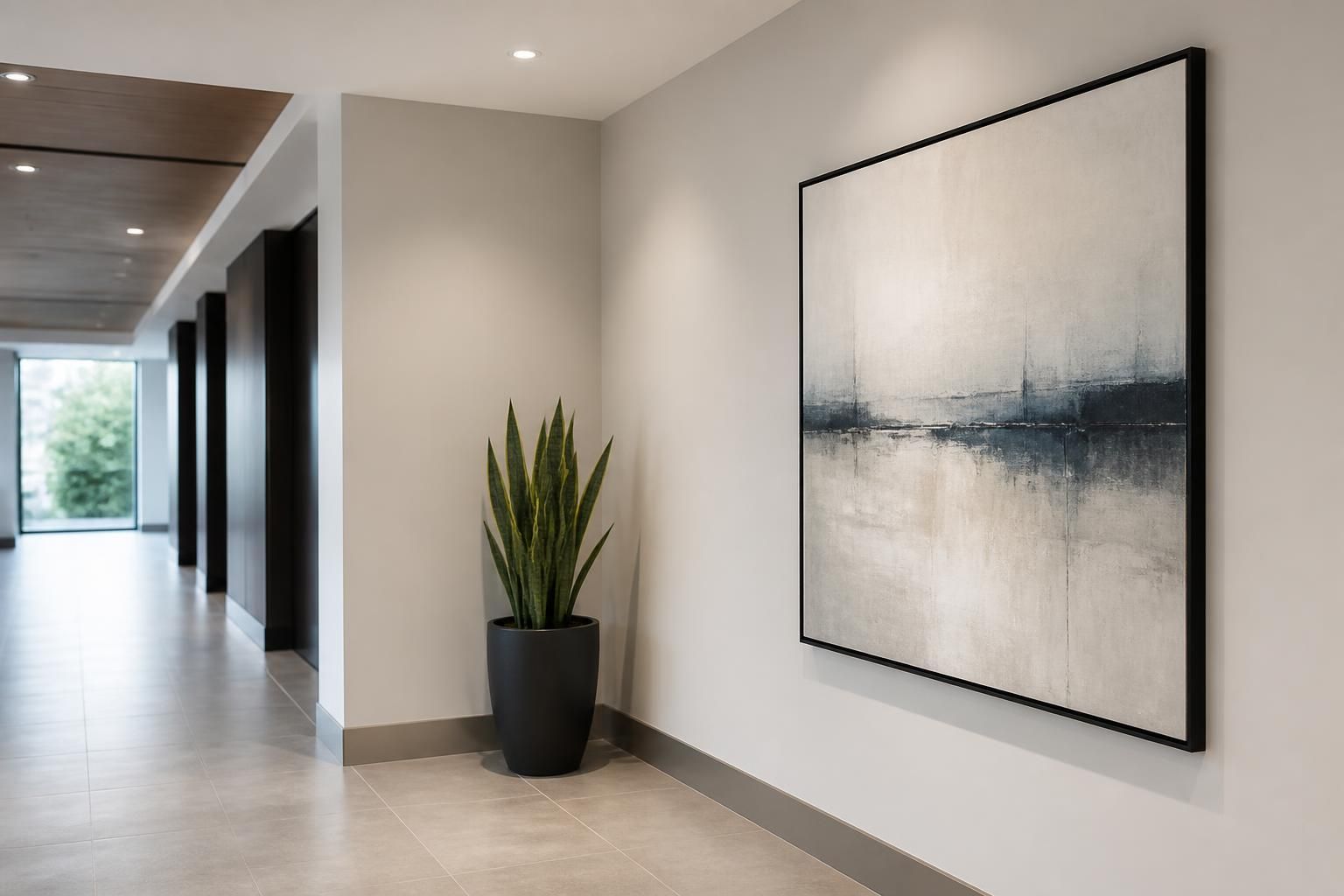 Freshly painted commercial hallway with clean lines and modern finishes.