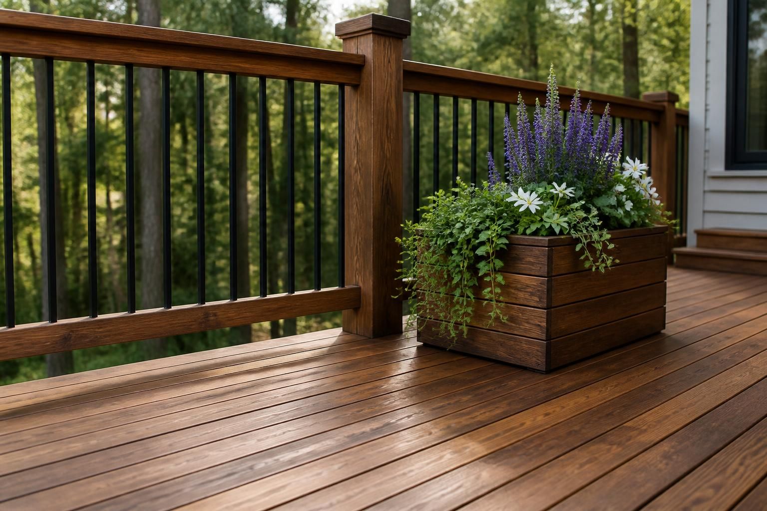 Newly stained deck with rich wood tones and clean railings.