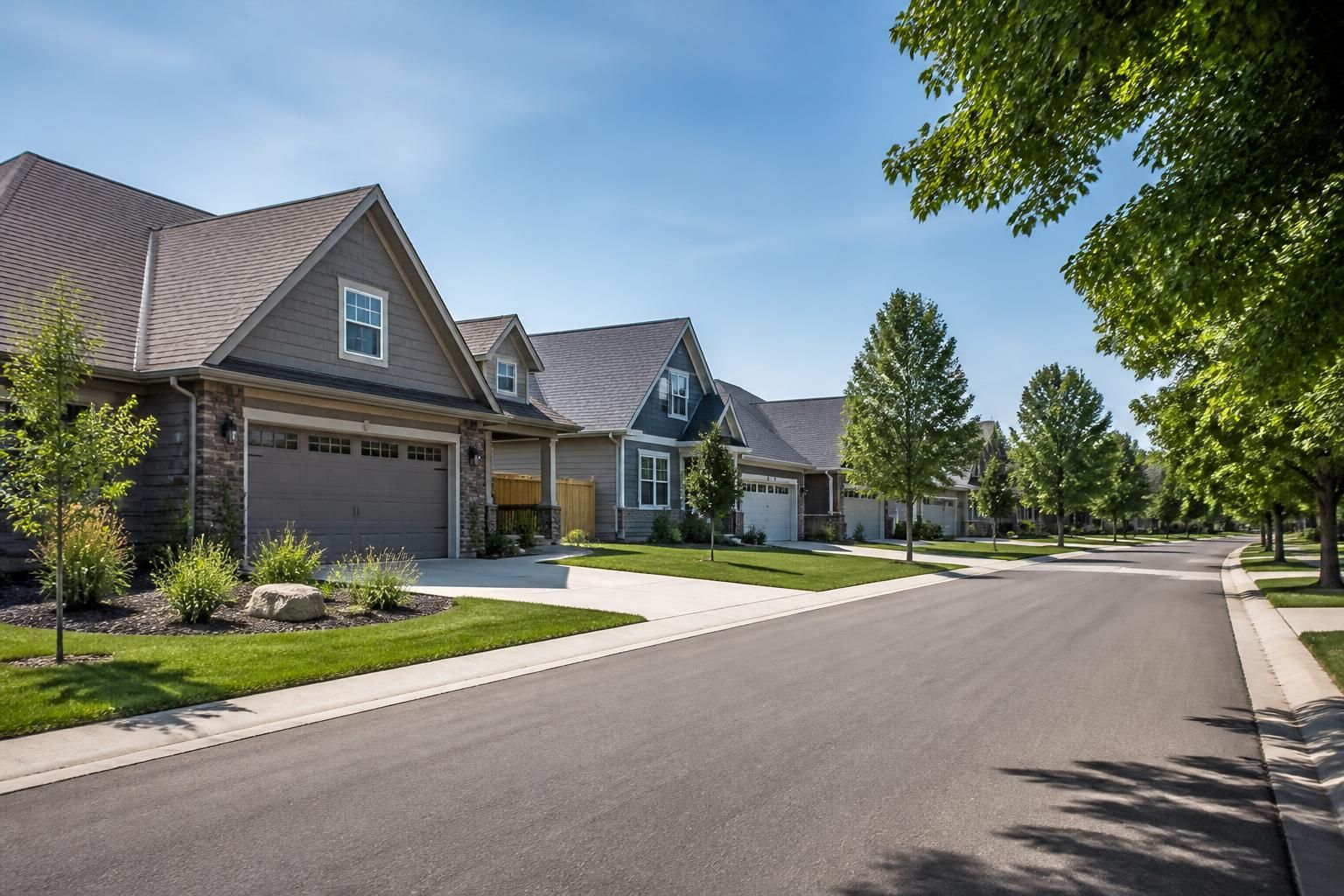 Attractive houses along a clean tree-lined street.