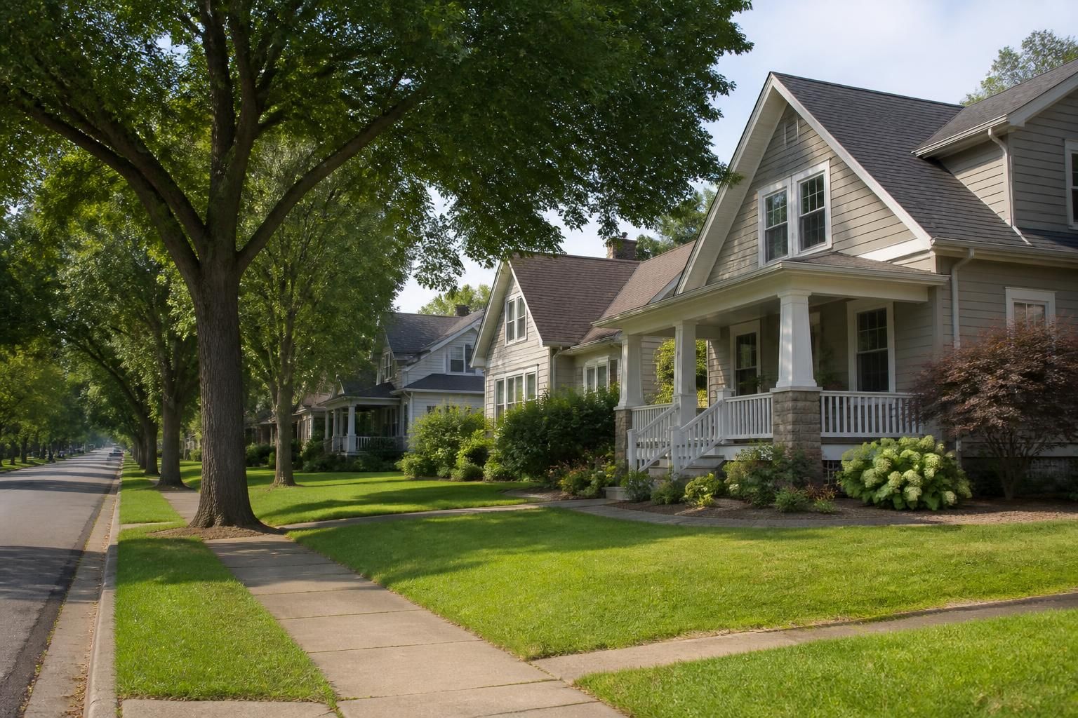 Attractive homes and a calm street in a residential district.