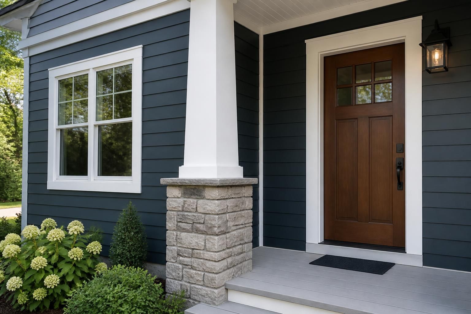 Freshly painted home exterior with clean siding and trim.