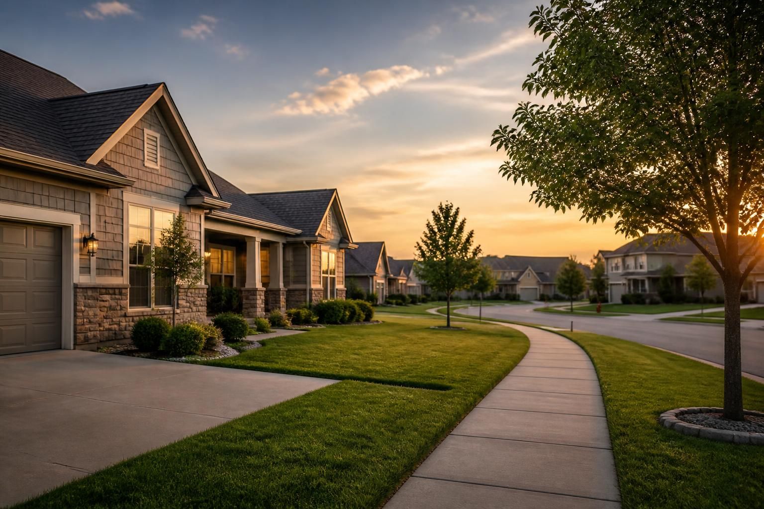 Well-maintained homes in soft evening light.