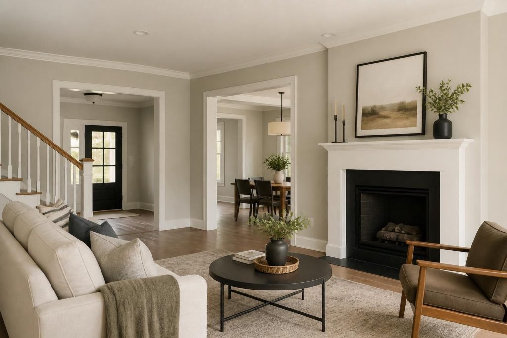 Freshly painted modern interior with smooth neutral walls and crisp trim.