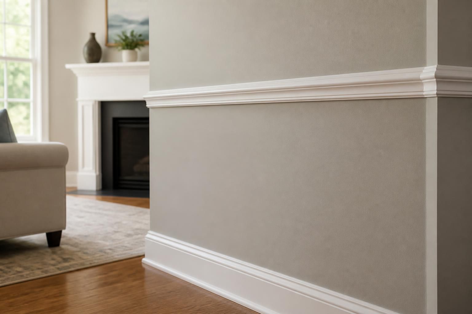 Freshly painted living room wall with crisp trim and a smooth finish.