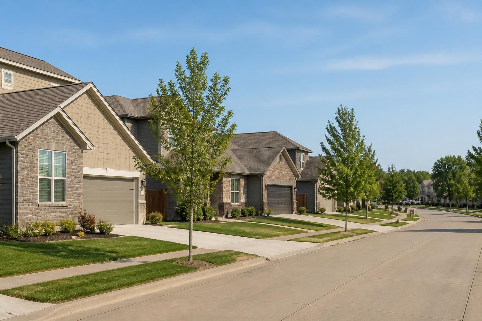 Tidy suburban homes along a calm residential street.
