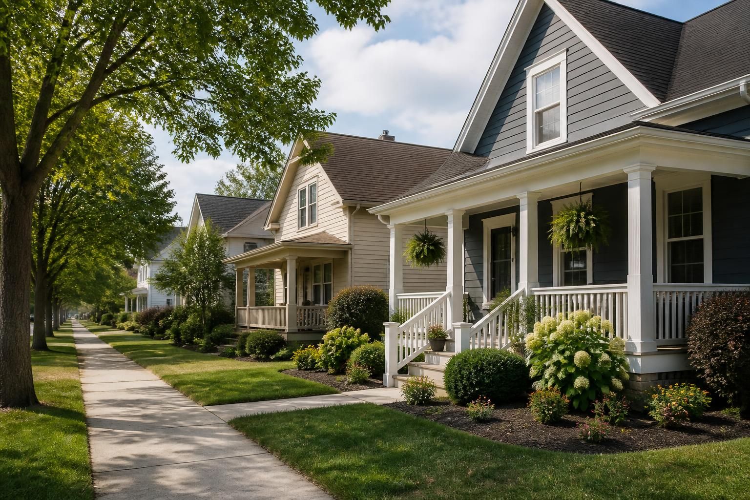 Clean sidewalks and classic homes in a residential neighborhood.