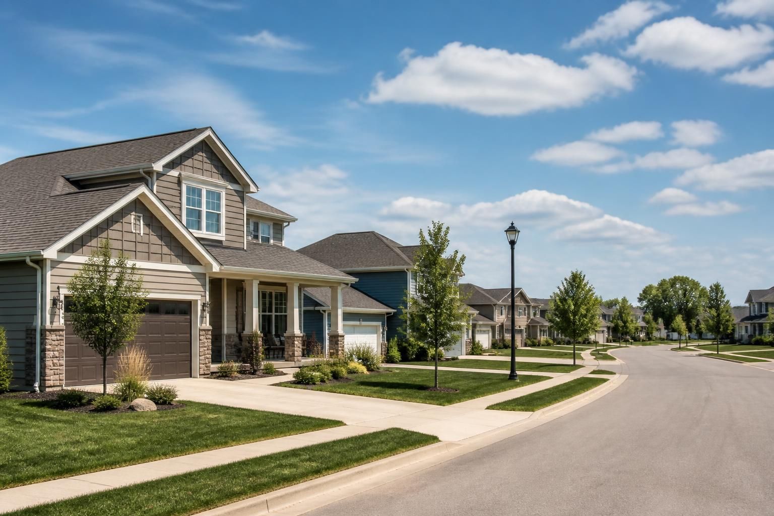 Quiet street with neat homes under open skies.