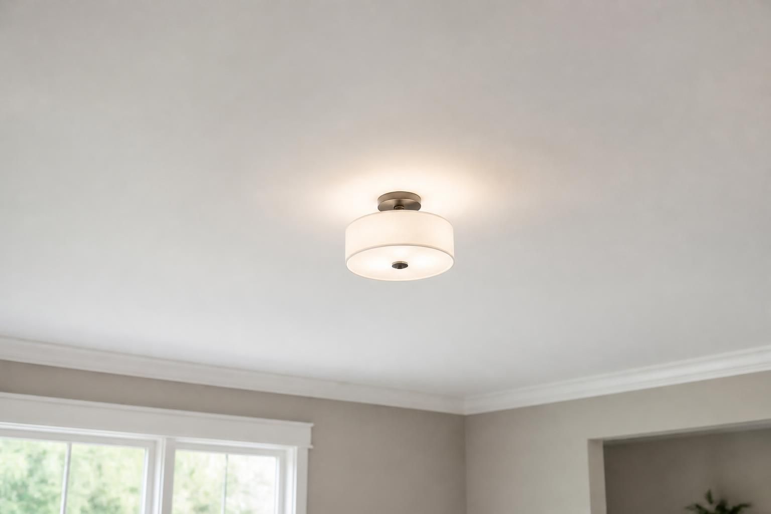 Smooth freshly finished ceiling in a bright modern room.