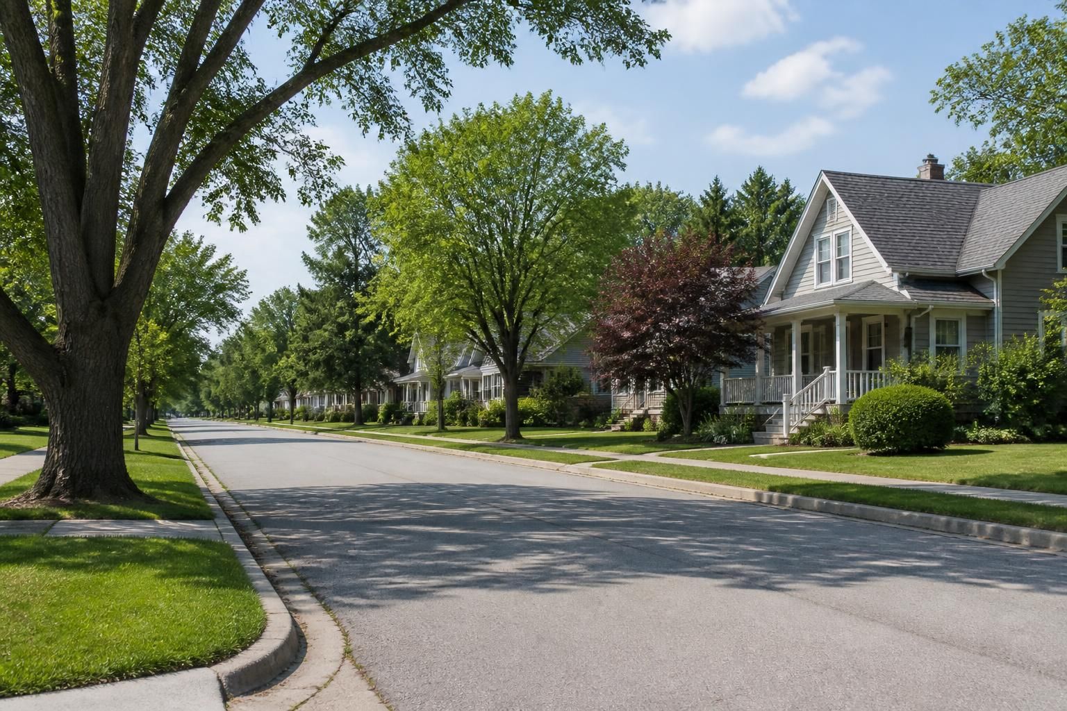 Tidy homes along a small-town residential street.